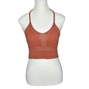 Aerie Terracotta Orange Knit‎ Halter Crop Top Pointelle Ribbed Womens Small